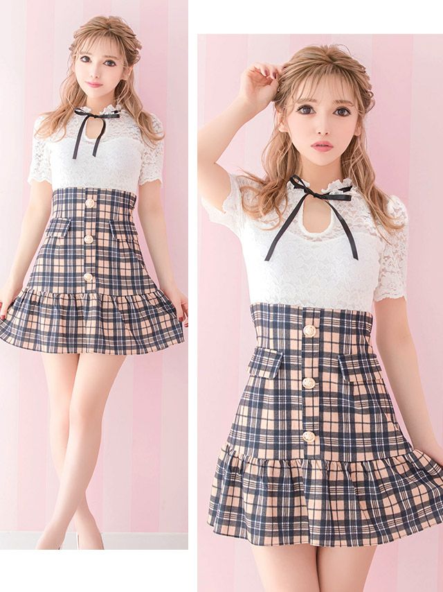 イメージ画像2 キャバドレス 韓国 [Tika/ティカ]綾野あすか着用 フラワー レース ハイネック リボン チェック 裾フリル ミニドレス ホワイト×ベージュ S?Lサイズ 韓国ドレス キャバ ドレス 大きいサイズ ミニ 膝丈 キャバワンピ 私服 シンプル ワンピース 通販