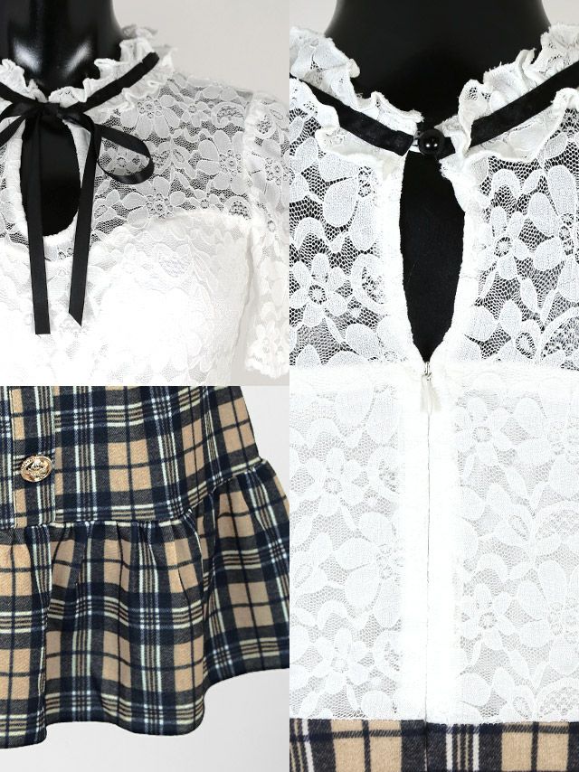 イメージ画像8 キャバドレス 韓国 [Tika/ティカ]綾野あすか着用 フラワー レース ハイネック リボン チェック 裾フリル ミニドレス ホワイト×ベージュ S?Lサイズ 韓国ドレス キャバ ドレス 大きいサイズ ミニ 膝丈 キャバワンピ 私服 シンプル ワンピース 通販