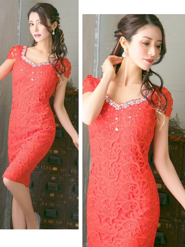 イメージ画像2 胸元ビジューレースパフ袖タイトミディドレス (ホワイト/ベージュ/レッド/ネイビー/ブラック) (Sサイズ/Mサイズ/Lサイズ/XLサイズ/XXLサイズ)