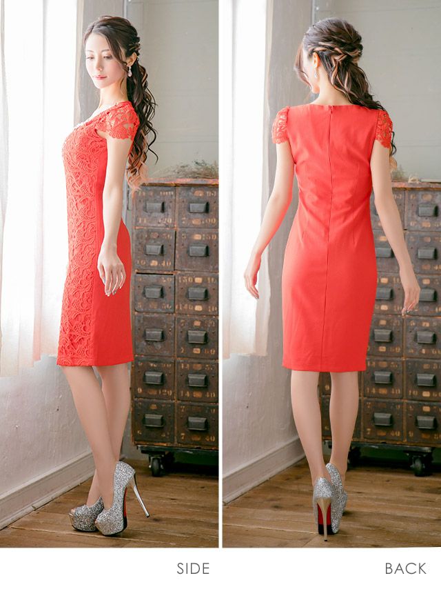 イメージ画像5 胸元ビジューレースパフ袖タイトミディドレス (ホワイト/ベージュ/レッド/ネイビー/ブラック) (Sサイズ/Mサイズ/Lサイズ/XLサイズ/XXLサイズ)