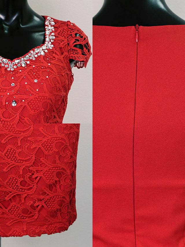 イメージ画像13 胸元ビジューレースパフ袖タイトミディドレス (ホワイト/ベージュ/レッド/ネイビー/ブラック) (Sサイズ/Mサイズ/Lサイズ/XLサイズ/XXLサイズ)