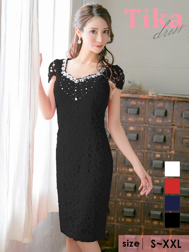 イメージ画像15 胸元ビジューレースパフ袖タイトミディドレス (ホワイト/ベージュ/レッド/ネイビー/ブラック) (Sサイズ/Mサイズ/Lサイズ/XLサイズ/XXLサイズ)