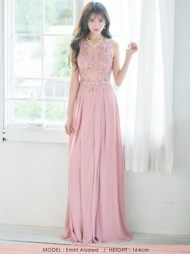 イメージ画像5 シースルーフラワー刺繍ビジューデザインAラインスリットロングドレス ロングドレス ロング丈 マキシ丈 キャバドレス キャバ クラブ ラウンジ キャバクラ ホワイト ピンク ブラック 白 黒 フレア 花柄 バースデー 誕生日 イベント ナイトドレス