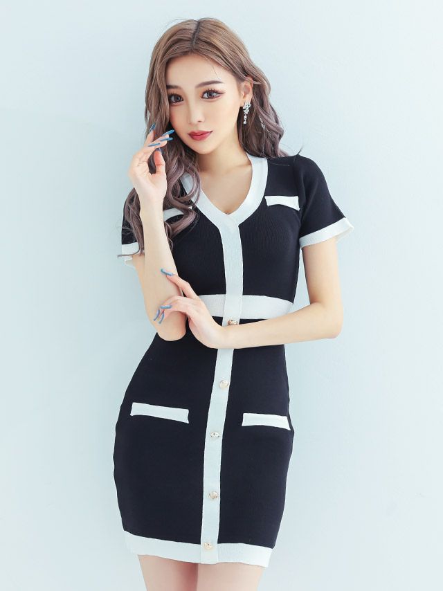 イメージ画像2 バイカラーニットタイトミニドレス キャバドレス キャバ キャバクラ スナック ラウンジ クラブ キャバクラドレス ミニドレス ミニ丈 ショート丈 膝丈 ホワイト ブラック ピンク 黒 白 半袖 袖あり 激安 安い プチプラ 通販
