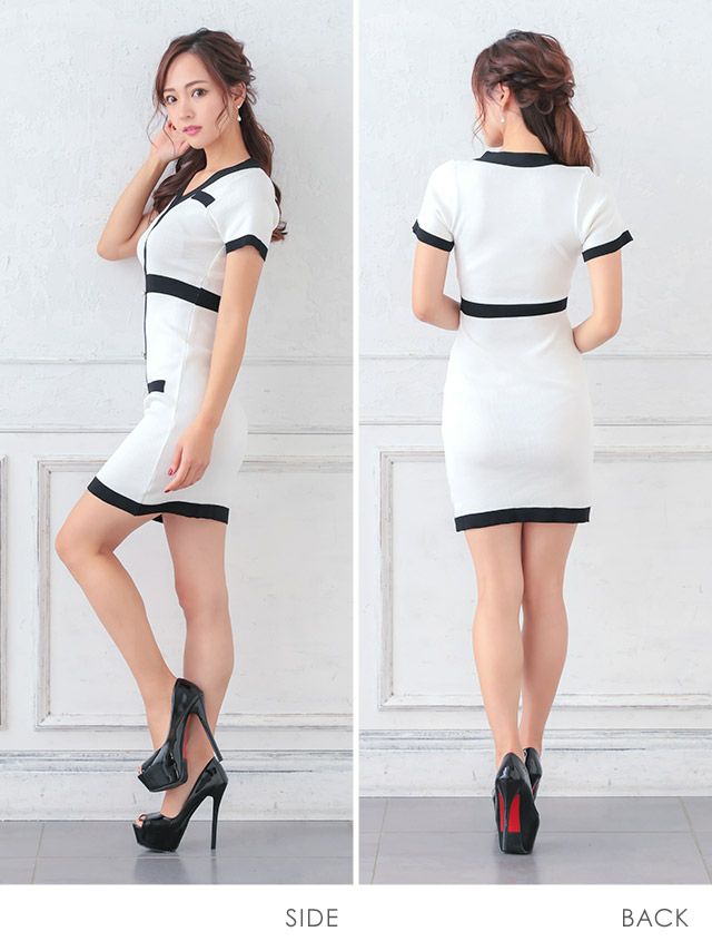 イメージ画像11 バイカラーニットタイトミニドレス キャバドレス キャバ キャバクラ スナック ラウンジ クラブ キャバクラドレス ミニドレス ミニ丈 ショート丈 膝丈 ホワイト ブラック ピンク 黒 白 半袖 袖あり 激安 安い プチプラ 通販