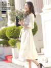 総レースサテンウエストリボンカジュアルAラインフレアミモレ丈二の腕カバースリーブ結婚式パーティードレス