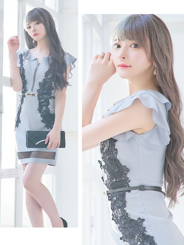 イメージ画像2 フロントファスナーデザインフラワー刺繍レースウエストベルト付きタイトミニドレス キャバドレス キャバ キャバクラ クラブ ラウンジ スナック キャバクラドレス ナイトドレス 膝丈 ミニ丈 半袖 袖あり 大きいサイズ タイトドレス ワンピース ワンピ ミニワンピ