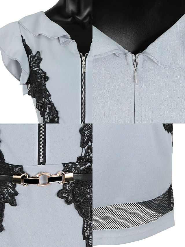 イメージ画像8 フロントファスナーデザインフラワー刺繍レースウエストベルト付きタイトミニドレス キャバドレス キャバ キャバクラ クラブ ラウンジ スナック キャバクラドレス ナイトドレス 膝丈 ミニ丈 半袖 袖あり 大きいサイズ タイトドレス ワンピース ワンピ ミニワンピ