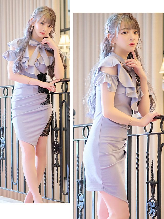 イメージ画像2 キャバドレス ミニ丈 ミニドレス Tika ネックリボンアシメフリルショルダーフラワー刺繍ビジューレースタイトミニドレス