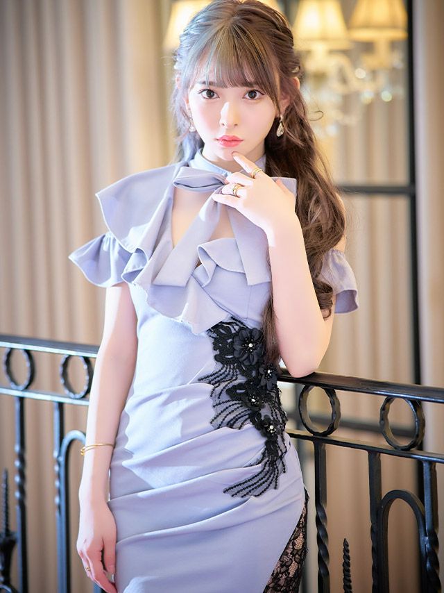 イメージ画像3 キャバドレス ミニ丈 ミニドレス Tika ネックリボンアシメフリルショルダーフラワー刺繍ビジューレースタイトミニドレス