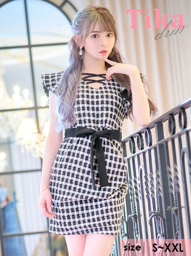 メイン画像 クロスネックフリルスリーブウエストリボンモノトーンチェックツイードタイトミニドレス キャバドレス キャバ キャバクラ クラブ ラウンジ スナック ラウンジ キャバクラドレス ナイトドレス チェック柄 ツイード ブラック ホワイト モノトーン 白 黒  可愛い 膝丈 ミニ丈 大きいサイズ
