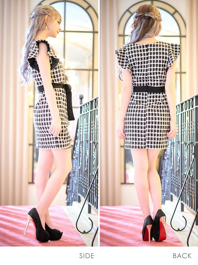 イメージ画像5 クロスネックフリルスリーブウエストリボンモノトーンチェックツイードタイトミニドレス キャバドレス キャバ キャバクラ クラブ ラウンジ スナック ラウンジ キャバクラドレス ナイトドレス チェック柄 ツイード ブラック ホワイト モノトーン 白 黒  可愛い 膝丈 ミニ丈 大きいサイズ
