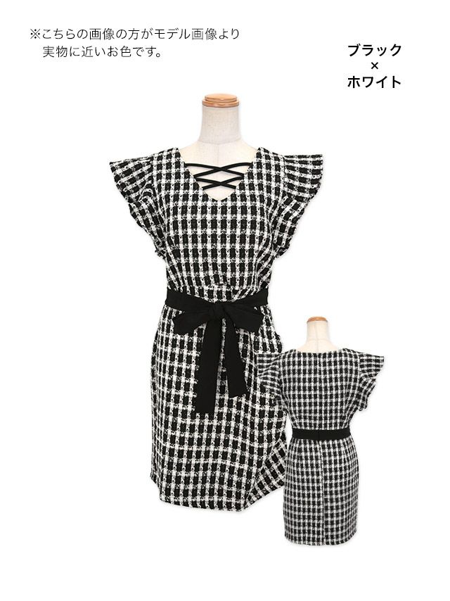 イメージ画像6 クロスネックフリルスリーブウエストリボンモノトーンチェックツイードタイトミニドレス キャバドレス キャバ キャバクラ クラブ ラウンジ スナック ラウンジ キャバクラドレス ナイトドレス チェック柄 ツイード ブラック ホワイト モノトーン 白 黒  可愛い 膝丈 ミニ丈 大きいサイズ