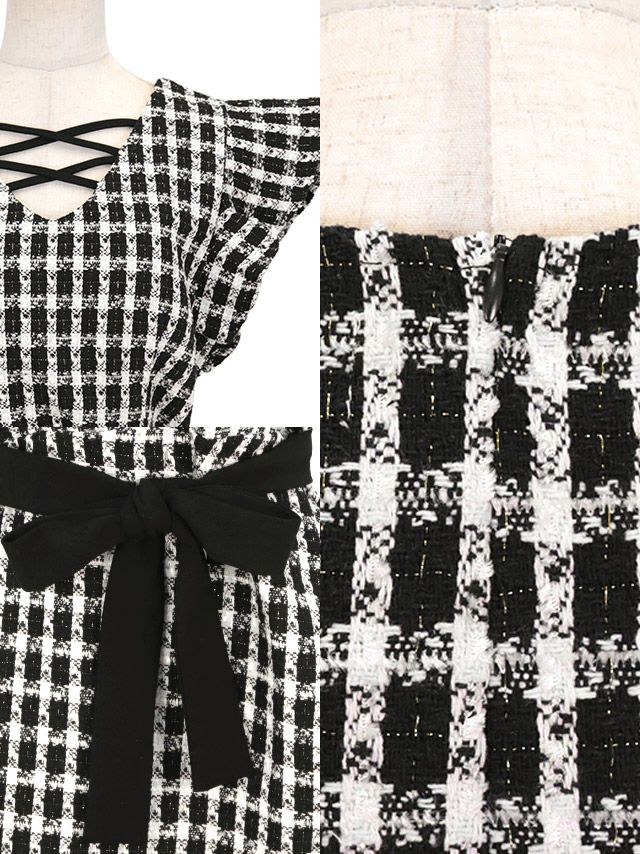 イメージ画像8 クロスネックフリルスリーブウエストリボンモノトーンチェックツイードタイトミニドレス キャバドレス キャバ キャバクラ クラブ ラウンジ スナック ラウンジ キャバクラドレス ナイトドレス チェック柄 ツイード ブラック ホワイト モノトーン 白 黒  可愛い 膝丈 ミニ丈 大きいサイズ