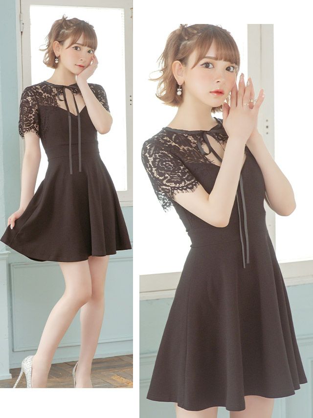 キャバドレス ミニドレス フレアドレス Aライン 大きいサイズ Tika ティカ レーススリーブネックリボンAラインフレアミニドレス