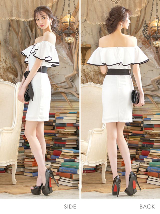 イメージ画像5 オフショルフリルウエストリボンタイトミニドレス (ホワイト/ワインレッド/ブラック) (Sサイズ/Mサイズ/Lサイズ/XLサイズ)
