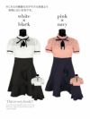 イメージ画像7 [韓国ドレス] ネックリボンカラーレースフリルドッキングAラインフレアミニドレス (ホワイト×ブラック/ピンク×ネイビー) (Sサイズ/Mサイズ/Lサイズ)
