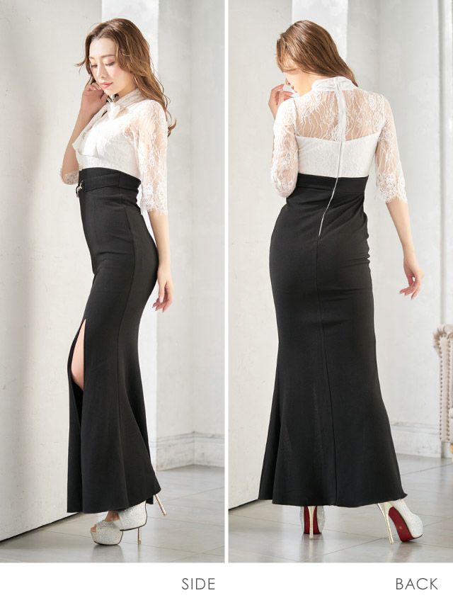 イメージ画像5 ネックリボン リボン フラワー　花柄 レース ウエストベルト 切り替え ロング ロングドレス ロング丈 マキシ丈 スリット マーメイドドレス マーメイド タイト タイトドレス キャバドレス キャバクラ クラブ ラウンジ スナック 大きいサイズ ホワイト ブラック モノトーン シンプル 激安 セクシー