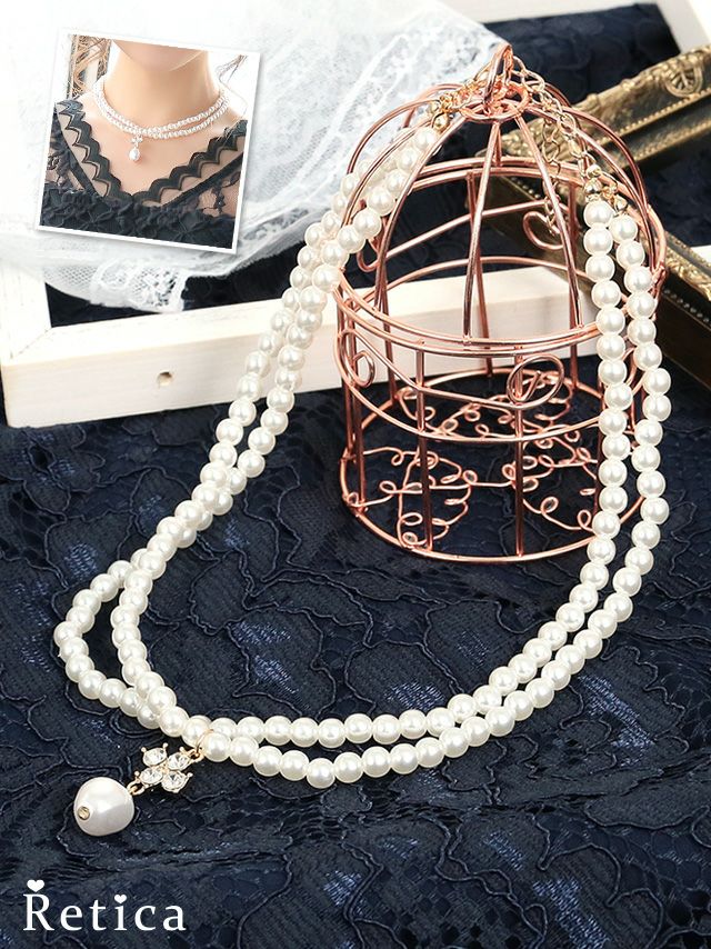 2連ホワイトパールビジューショートネックレス