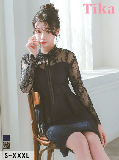 ペプラム レース 長袖 袖あり ネックリボン タイト 膝丈ドレス (Sサイズ～XXXLサイズ) (雨宮由乙花/キャバドレス着用)