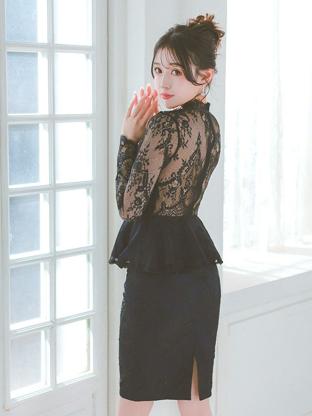 キャバドレス ミディアムドレス 大きいサイズ タイトドレス レース Tika ティカ レースデザイン長袖ペプラムミディ丈ドレス