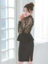 キャバドレス ミディアムドレス 大きいサイズ タイトドレス レース Tika ティカ レースデザイン長袖ペプラムミディ丈ドレス