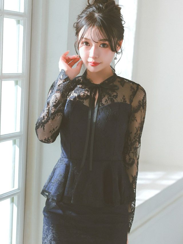 キャバドレス ミディアムドレス 大きいサイズ タイトドレス レース Tika ティカ レースデザイン長袖ペプラムミディ丈ドレス