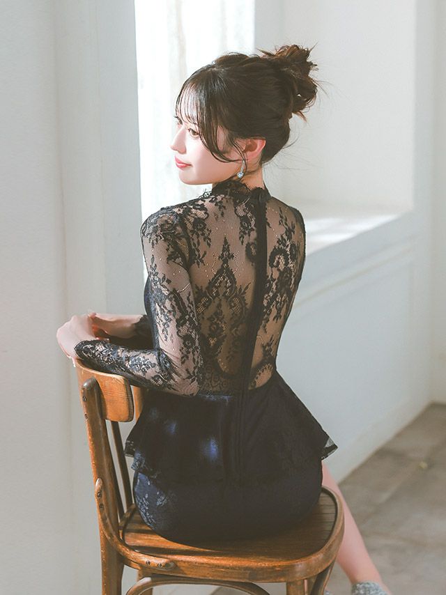 キャバドレス ミディアムドレス 大きいサイズ タイトドレス レース Tika ティカ レースデザイン長袖ペプラムミディ丈ドレス