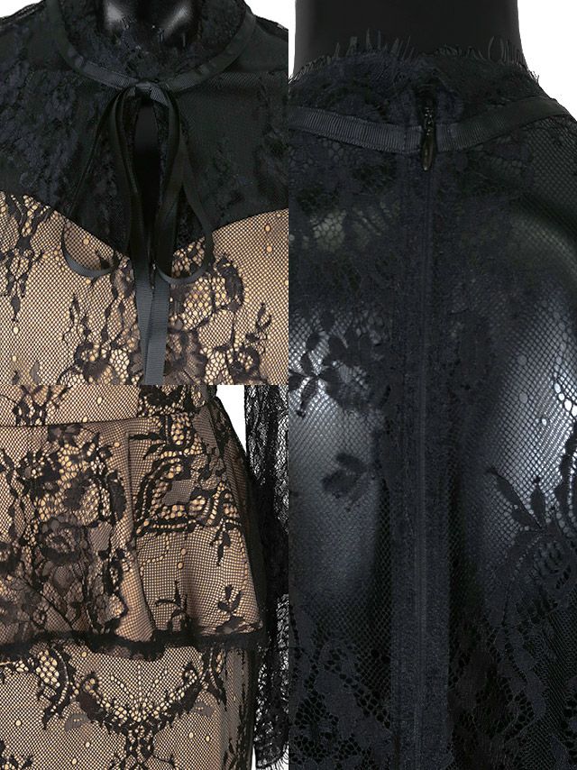 キャバドレス ミディアムドレス 大きいサイズ タイトドレス レース Tika ティカ レースデザイン長袖ペプラムミディ丈ドレス