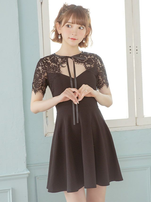 キャバドレス ミニドレス フレアドレス Aライン 大きいサイズ Tika ティカ ネックリボン袖レースAラインフレアミニドレス