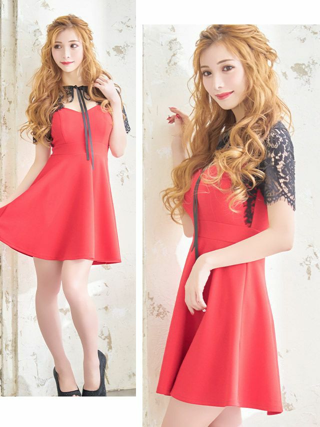 キャバドレス ミニドレス フレアドレス Aライン 大きいサイズ Tika ティカ 袖レーススリーブネックリボンフレアミニドレス