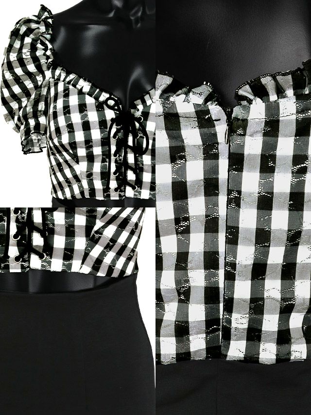 イメージ画像8 韓国  韓国ドレス ドレス ギンガムチェック　チェック柄 ギャザー レースアップ 編み上げ ウエストカット 裾フリル ミニドレス マーメイド タイトドレス キャバドレス キャバクラ キャバ  クラブ ラウンジ スナック 大人 レディース 膝丈 大きいサイズ ブラック モノトーン 激安