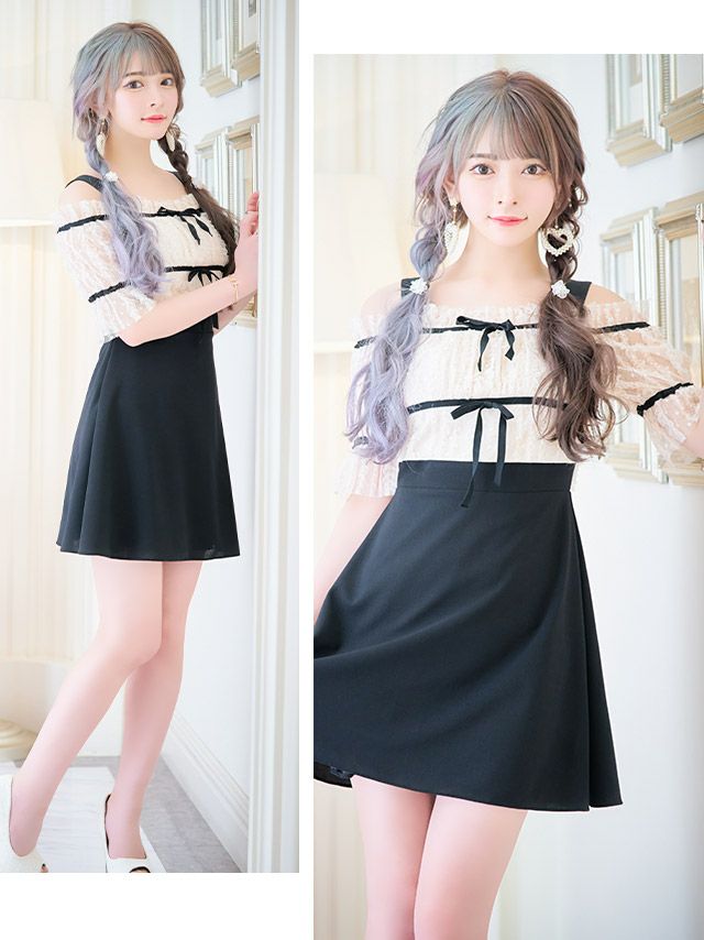 イメージ画像2 韓国ドレス 韓国 オフショル レース ドット リボン ドット柄 フレア Aライン ミニドレス ミニ ワンピース ミニワンピ キャバドレス キャバ キャバクラ クラブ ラウンジ スナック 膝丈 大きいサイズ オープンショルダー レトロ ガーリー 可愛い 激安