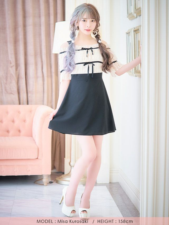 イメージ画像4 韓国ドレス 韓国 オフショル レース ドット リボン ドット柄 フレア Aライン ミニドレス ミニ ワンピース ミニワンピ キャバドレス キャバ キャバクラ クラブ ラウンジ スナック 膝丈 大きいサイズ オープンショルダー レトロ ガーリー 可愛い 激安