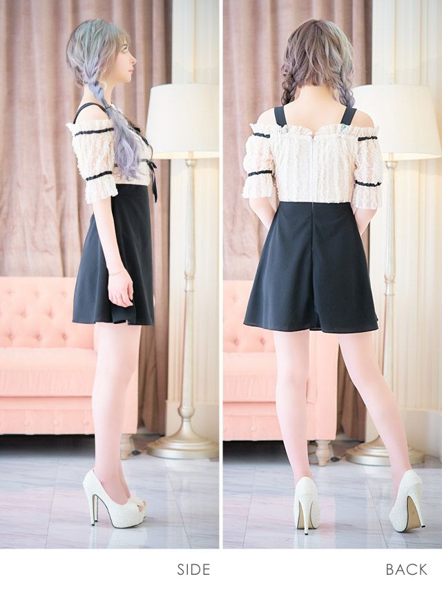 イメージ画像5 韓国ドレス 韓国 オフショル レース ドット リボン ドット柄 フレア Aライン ミニドレス ミニ ワンピース ミニワンピ キャバドレス キャバ キャバクラ クラブ ラウンジ スナック 膝丈 大きいサイズ オープンショルダー レトロ ガーリー 可愛い 激安