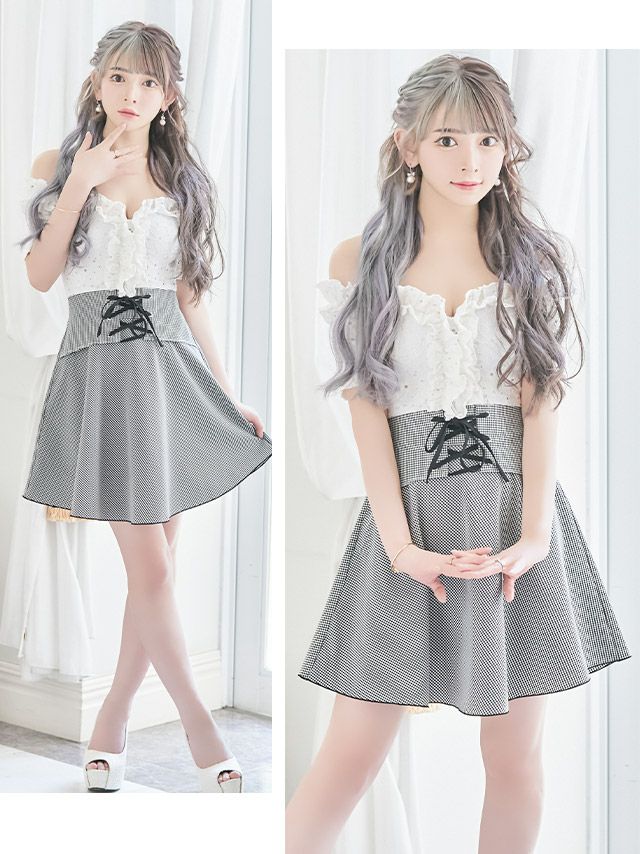 イメージ画像2 韓国ドレス 韓国 オフショル オフショルダー レース フリル ウエスト編み上げ レースアップ フレア　ミニドレス ミニ ドレス 膝丈 キャバドレス キャバ キャバクラ クラブ ラウンジ スナック ワンピース ワンピ ミニワンピ 大きいサイズ チェック柄 モノトーン 大人 激安