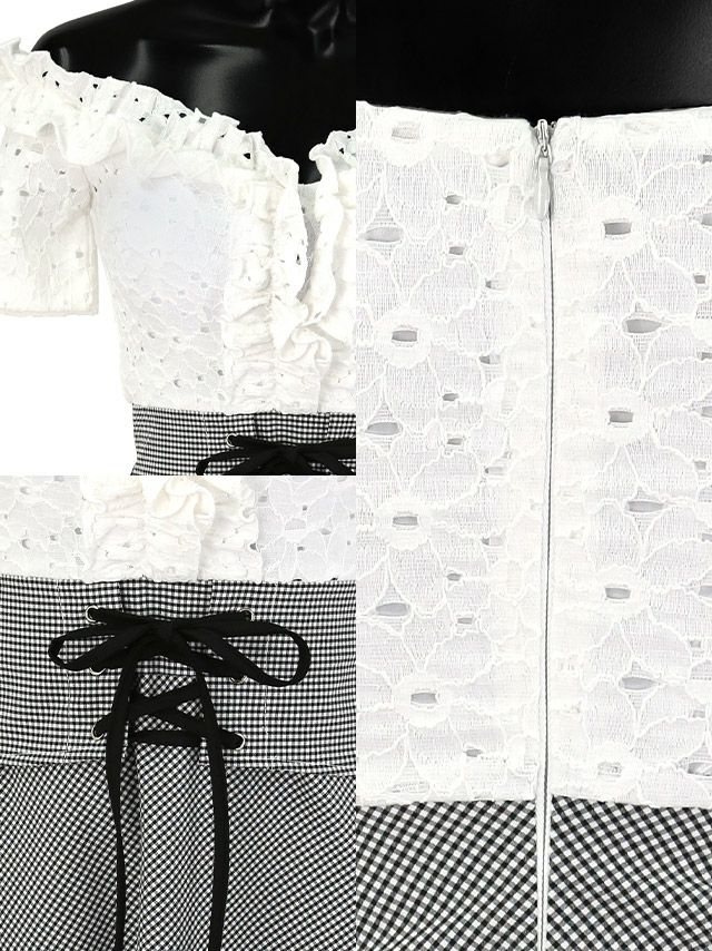 イメージ画像8 韓国ドレス 韓国 オフショル オフショルダー レース フリル ウエスト編み上げ レースアップ フレア　ミニドレス ミニ ドレス 膝丈 キャバドレス キャバ キャバクラ クラブ ラウンジ スナック ワンピース ワンピ ミニワンピ 大きいサイズ チェック柄 モノトーン 大人 激安