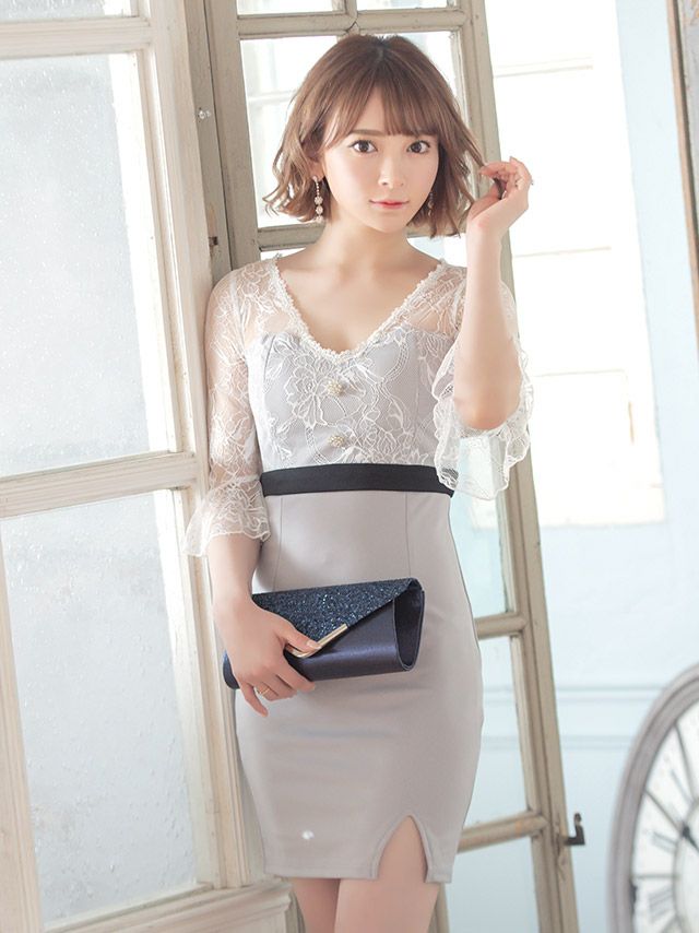 キャバドレス ミニドレス タイトドレス 大きいサイズ セクシー Tika ティカ 袖レースウエスト切替タイトミニドレス