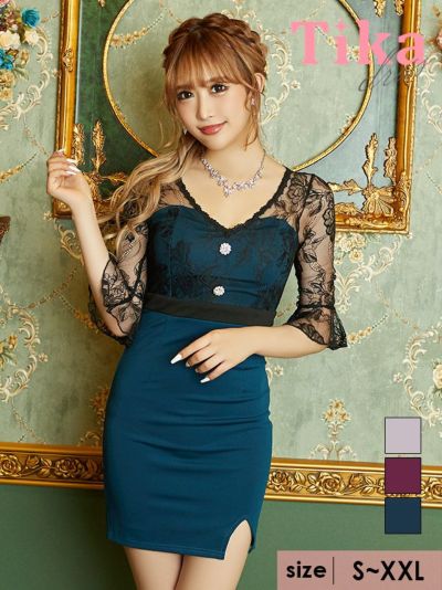 キャバドレス ミニドレス タイトドレス 大きいサイズ 袖あり Tika ティカ 袖レースビジュー付きスリットタイトミニドレス