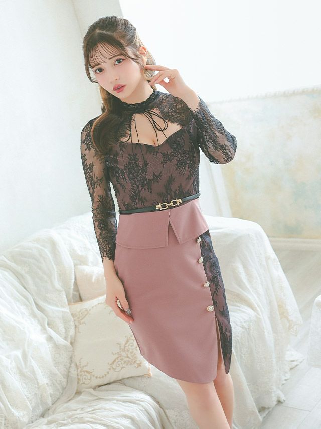 イメージ画像1 フラワー スカラップレース レース チョーカー リボン ウエストベルト ペプラム タイト アシメ丈 ミニドレス ミニ ドレス キャバドレス キャバ キャバクラ クラブ ラウンジ スナック 大きいサイズ ピンク パープル ブラック 激安