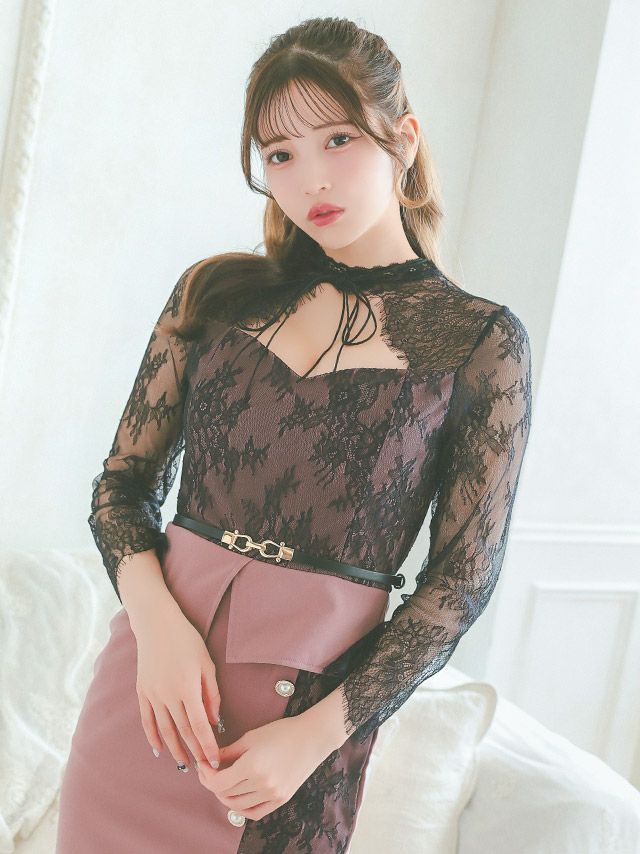 イメージ画像2 フラワー スカラップレース レース チョーカー リボン ウエストベルト ペプラム タイト アシメ丈 ミニドレス ミニ ドレス キャバドレス キャバ キャバクラ クラブ ラウンジ スナック 大きいサイズ ピンク パープル ブラック 激安