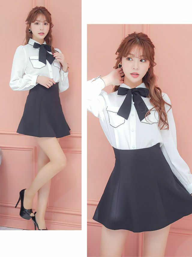 韓国ドレス ネックリボンパイピングブラウスフレアミニスカートセットアップドレス