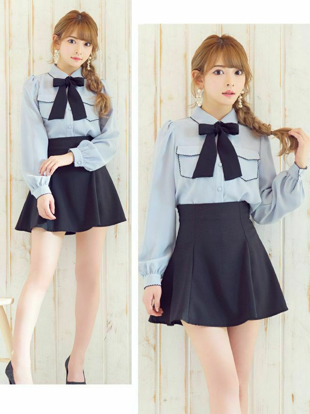 [韓国ドレス] セットアップ長袖パフスリーブブラウス×ハイウエスト切替フレアミニガーリースタイルドレス (Sサイズ/Mサイズ) (椎名美月/キャバドレス着用)