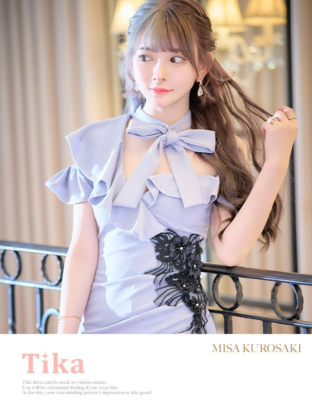 イメージ画像7 キャバドレス ミニ丈 ミニドレス Tika ワンショルフリルチョーカーリボンフラワー刺繍デザインアシメタイトミニドレス