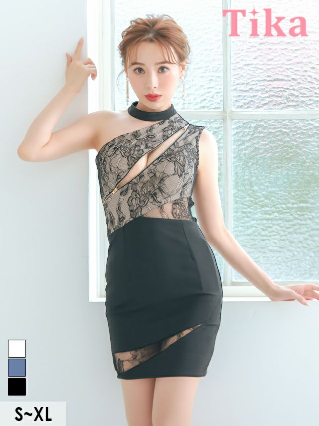 イメージ画像7 キャバドレス ミニドレス 大きいサイズ Tika ティカ シッパー×チョーカーアシメショルダーフラワーレースデザインタイトミニドレス