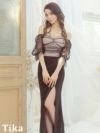 メイン画像 キャバドレス ロングドレス 大きいサイズ Tika ティカ オフショルチュールパフスリーブマーメイドロングスリットドレス