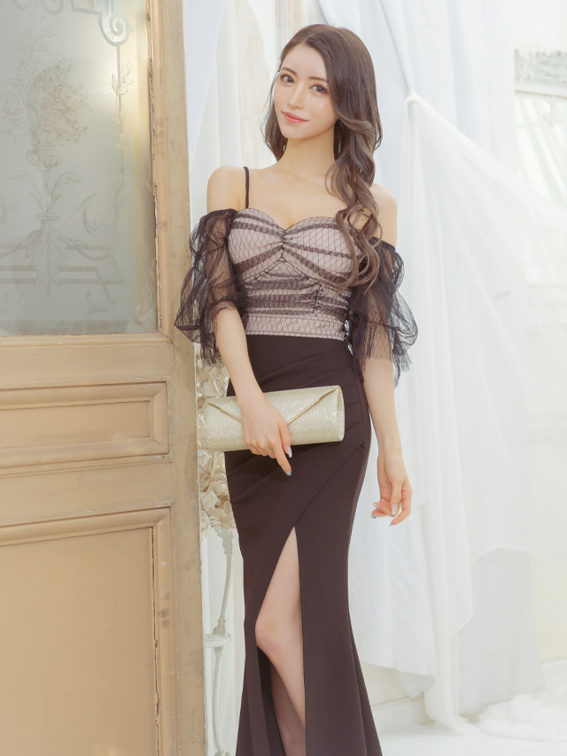 イメージ画像3 キャバドレス ロングドレス 大きいサイズ Tika ティカ オフショルチュールパフスリーブマーメイドロングスリットドレス