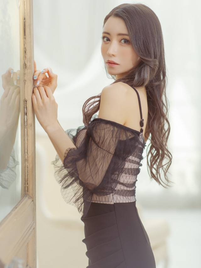 イメージ画像4 キャバドレス ロングドレス 大きいサイズ Tika ティカ オフショルチュールパフスリーブマーメイドロングスリットドレス