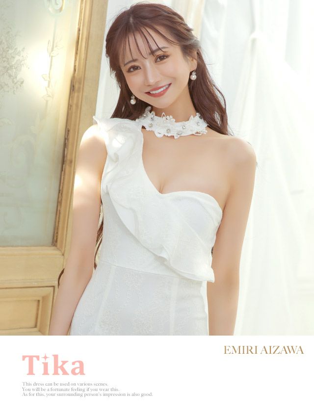 キャバドレス ミニドレス 大きいサイズ Tika ティカ フリルアシメショルダー×刺繍レースチョーカータイトラメミニドレス