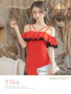 イメージ画像1 キャバドレス ロングドレス 大きいサイズ Tika ティカ オフショルバイカラーフリルタイトスリットロングドレス